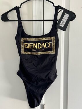 Fendi Versace Black and Gold Fendace Logo One-Piece Swimsuit